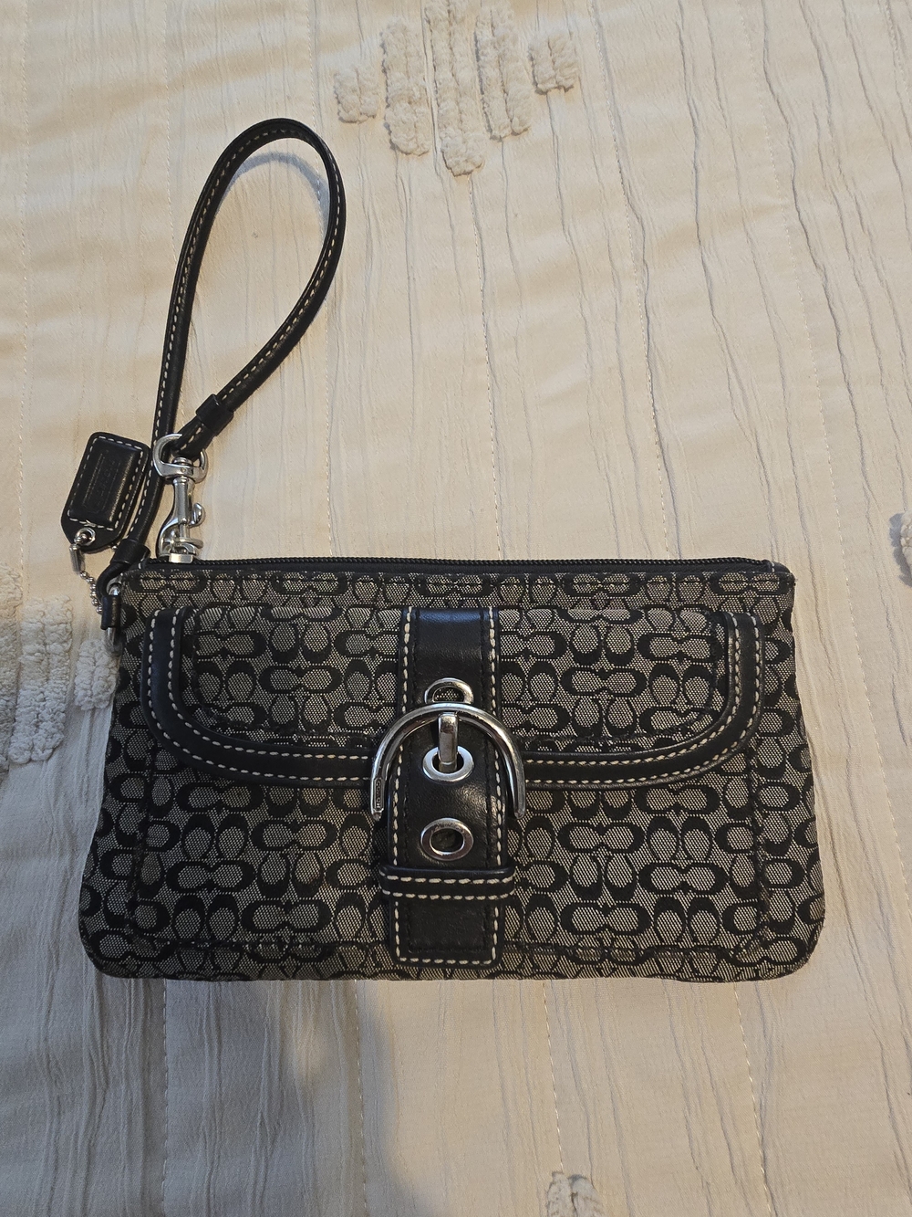 Coach Black and Gray Signature Wristlet with Buckle Detail